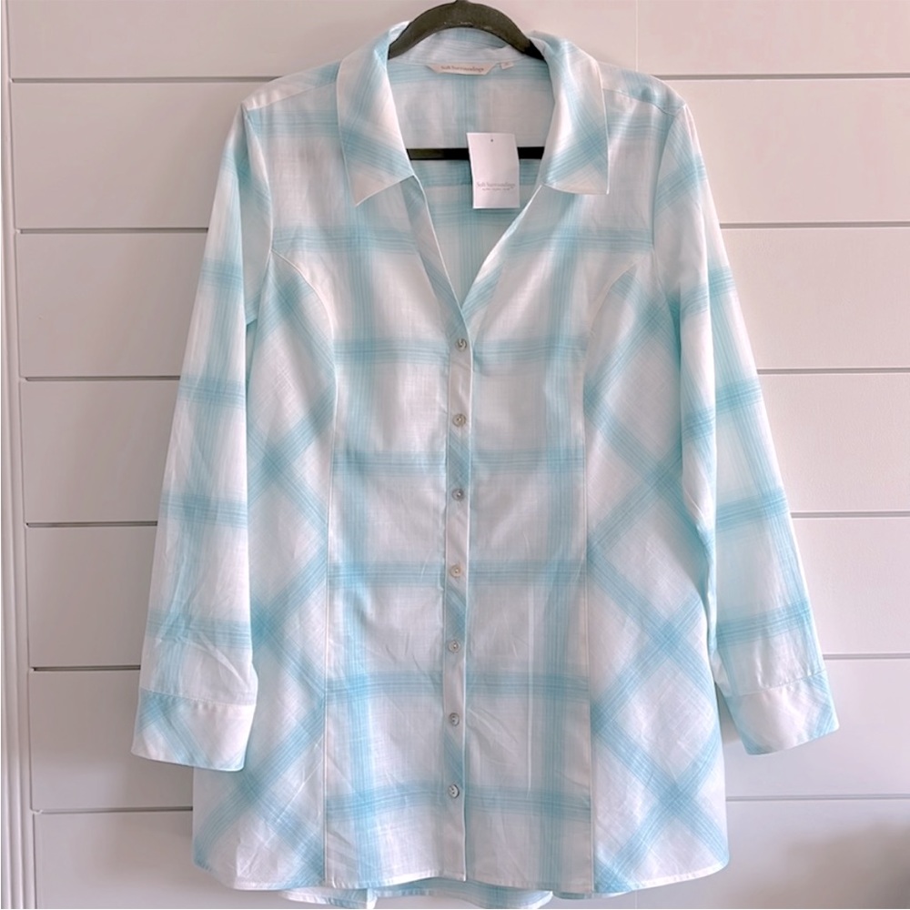Soft Surroundings White and Light Blue Plaid Button-Front Shirt